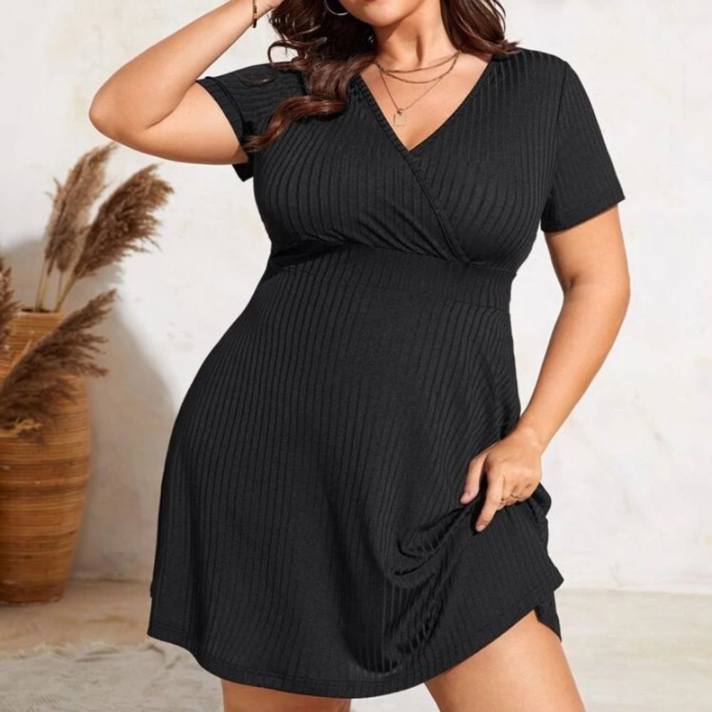 Plus Solid Rib Knit Surplice
Neck Dress